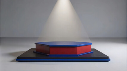 Warm lighting and a layered podium design make this space perfect for presentations.