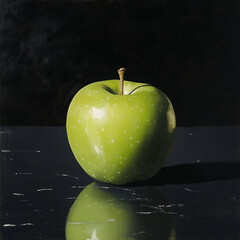 A single green apple on a glossy black surface with light reflections