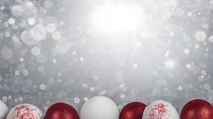 elegant Christmas-themed background with ornaments, shimmering red, white, and pink baubles in the foreground, glittery snowflakes and bokeh lights 
