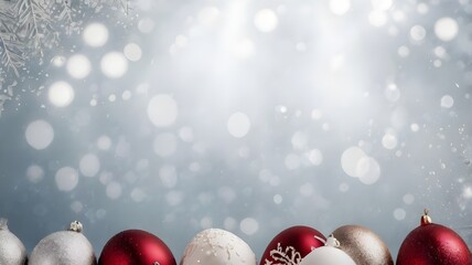 elegant Christmas-themed background with ornaments, shimmering red, white, and pink baubles in the foreground, glittery snowflakes and bokeh lights 
