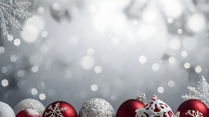 elegant Christmas-themed background with ornaments, shimmering red, white, and pink baubles in the foreground, glittery snowflakes and bokeh lights 
