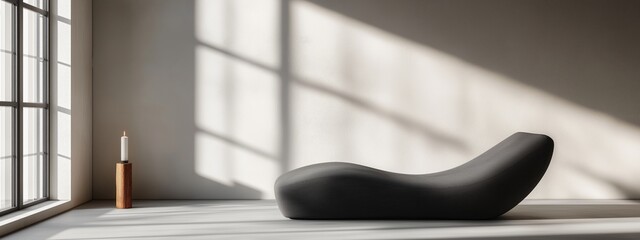 A minimalist interior featuring a curved lounge chair and a slender vase, illuminated by soft sunlight streaming through the window.