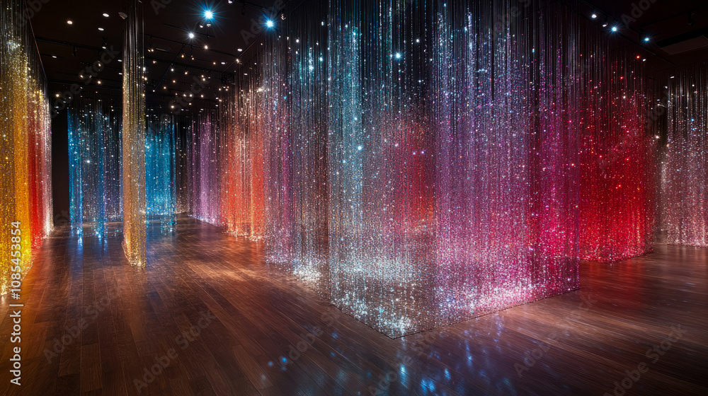 Poster visitors explore a captivating art installation filled with shimmering strands of light, creating a 