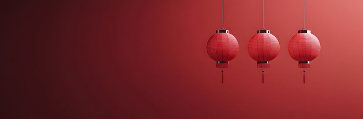 Obraz premium Three Red Chinese Lanterns Hang Against A Red Background