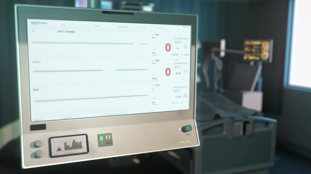 Cardiac monitoring device is used at the modern health care facility. Cardiac monitoring device shows the pulse of the patient. Showing a pulse flatline on the cardiac monitoring device. Death.
