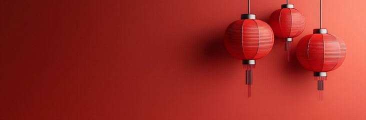 Three Red Chinese Lanterns Hang Against Red Background
