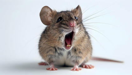 Realistic, happy mouse with an open mouth, isolated on a white background