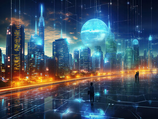 Obraz premium Outstanding Panoramic view of dubai city illuminated in a neon spectrum