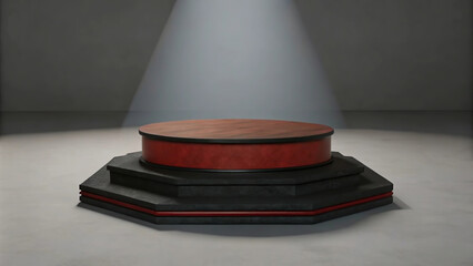 Warm lighting and a layered podium design make this space perfect for presentations.