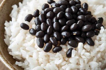 Black beans atop a bowl of cooked white rice