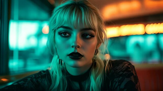 Woman in Booth with Neon Lights, Dark Lipstick, and Lace Top