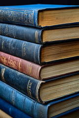 Naklejka premium A collection of antique books with colorful spines and weathered pages arranged neatly, casting shadows on a dark surface in warm afternoon light