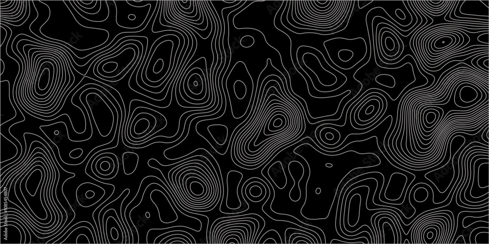 Poster abstract white on black background with topographic line map pattern. abstract wavy and curved lines