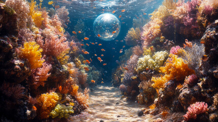 Naklejka premium A diverse and colorful coral reef teems with fish and marine life, illuminated by sunlight filtering through clear water above