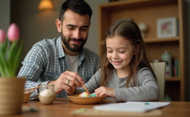 Fototapeta premium A dad and his daughter engaging in Easter crafting in the dining room. The dad, dressed casually