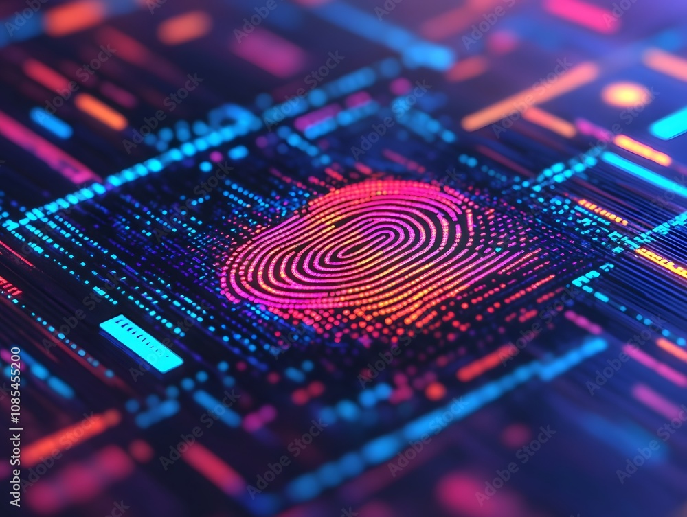 Fototapete Abstract fingerprint digital illustration with colorful patterns and circuit background, representing security, technology, and identity verification in a modern context