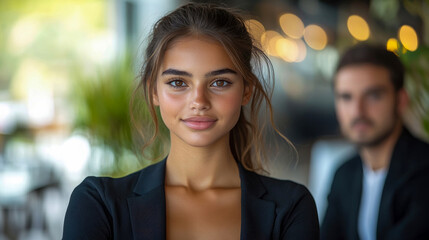 Obraz premium A young woman showcases her bright smile in a stylish café, while a blurred figure sits in the background, creating a vibrant atmosphere