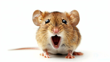 Cute, happy mouse with an open mouth, isolated on a white background
