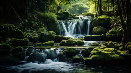 Obraz premium A small waterfall cascading over rocks in a green forest