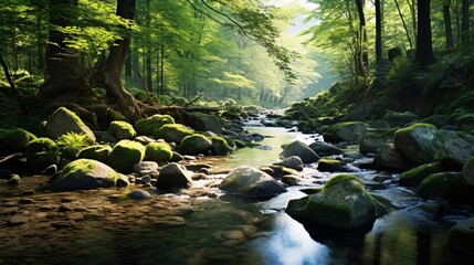 A tranquil forest stream flowing over smooth stones