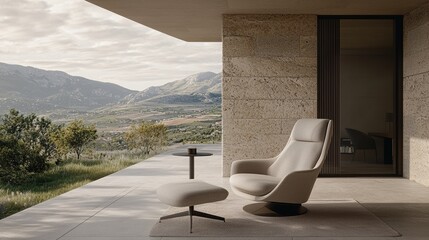 A serene outdoor space featuring a modern chair, ottoman, and a scenic view of mountains and landscape, ideal for relaxation and contemplation.