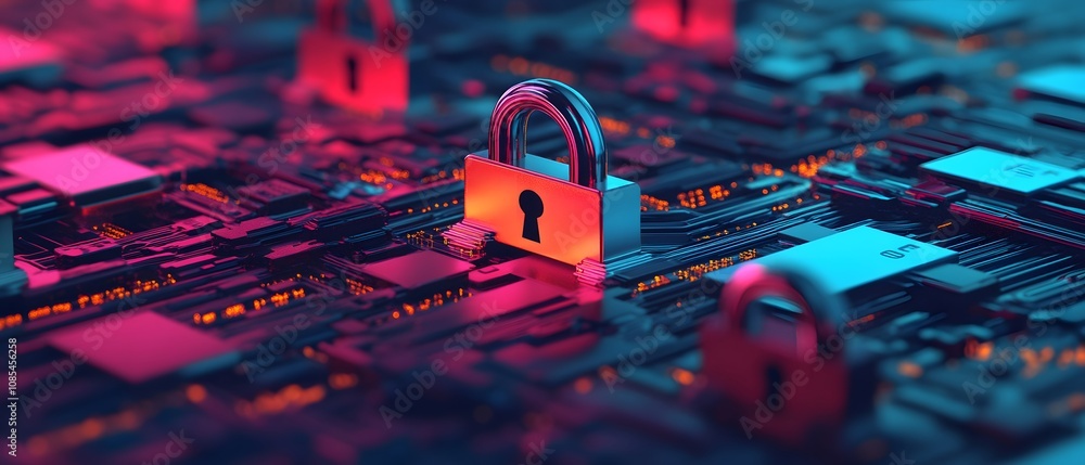 Poster modern digital security concept featuring glowing locks on a circuit board, symbolizing technology p