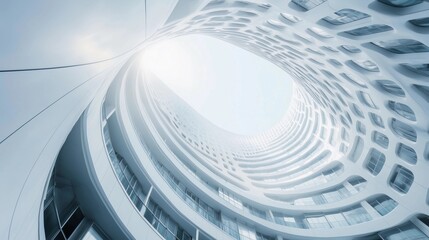 A modern architectural structure with white circular patterns, creating an illusion of infinite depth and perspective, with sunlight shining through the sky to illuminate its exterior, showcasing futu