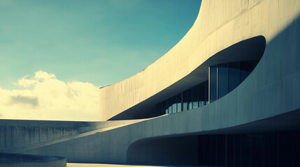 Obraz premium A photograph of the exterior wall of an art museum The curved walls and modern architecture are made of concrete material, with a light blue sky and white clouds overhead