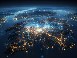 Gorgeous big city at night with network lines connected to satellites, cityscapes, circular shapes