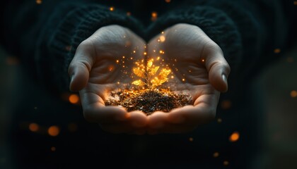 Abstract image of gentle hands carefully cradling a small, glowing sapling a powerful symbol of nurturing, care, trust, and the delicate bond between protector and protected This evocative artwork