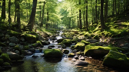 Obraz premium A rocky stream bed in a green forest