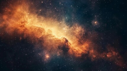 An amazing nebula, a space background with orange and dark blue colors, and stars captured in high-resolution photography