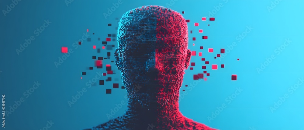 Aufkleber Abstract representation of a human head composed of digital particles and cubes, with vibrant blue and red colors depicting technology and artificial intelligence concepts