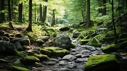 Fototapeta premium A tranquil forest scene with rocks and vibrant green ferns