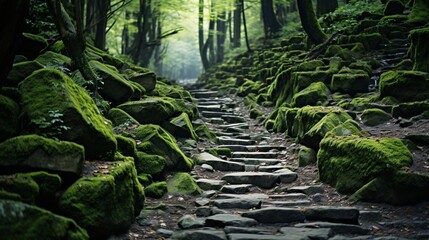 A dense forest with a path of mossy stones