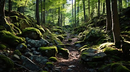 A rocky forest trail with green foliage on either side