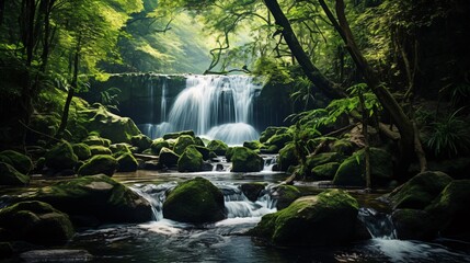 A small waterfall flowing over stones in a lush green forest
