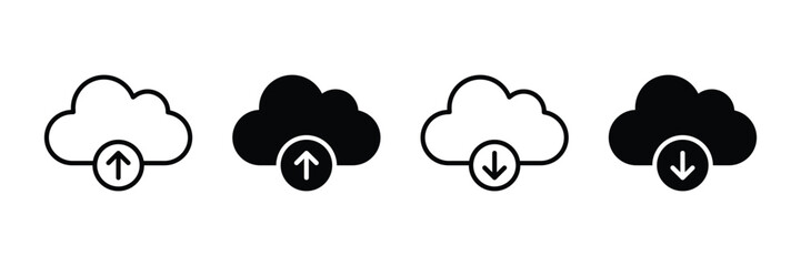 Cloud download and upload vector icon set. Cloud upload download icon outlined and solid style.