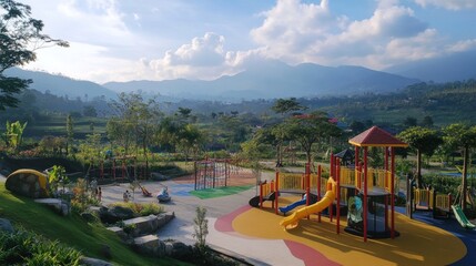 Playful Mountainside Playground with Lush Greenery