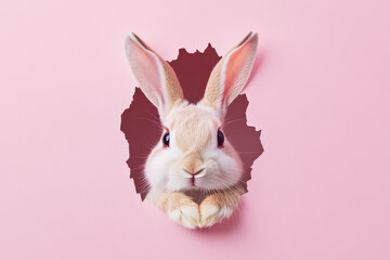 Fototapeta premium A cute Easter bunny peeking through a hole in a pink background.