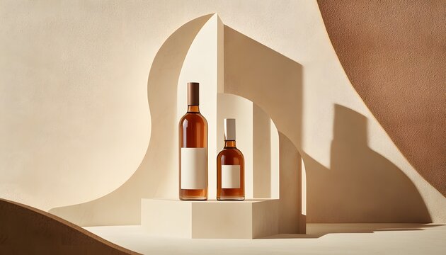 Amber Glass Bottles Displayed on Minimalist Beige Platform