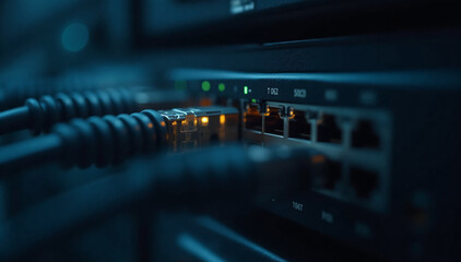 Naklejka premium a close-up view of a network switch mounted in a rack cabinet, Ethernet cables neatly plugged into the switch ports, glowing status LED lights indicating active connections