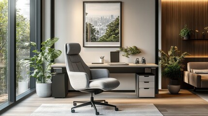 Modern office with ergonomic chair and greenery.