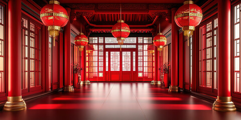 Obraz premium Three dimensional rendering of red traditional Chinese ancient architecture gate product exhibition booth