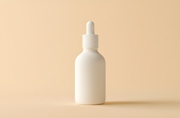 White Dropper Bottle on Beige Background