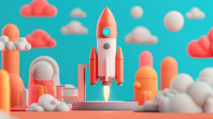 rocket exploration fuel. colorful rocket on launchpad with clouds and abstract shapes