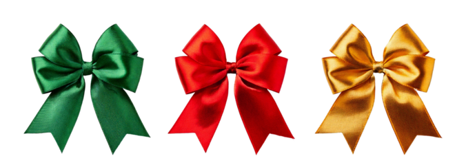 A set of three Christmas bows in red, gold and green; PNG