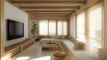 Minimalist family room, wooden accents, cozy furniture, neutral tones, relaxed vibe 