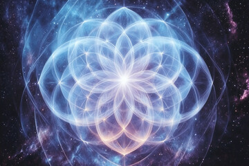 Naklejka premium Flower of life sacred geometry glowing in deep space, showing harmony, balance and connection with the universe