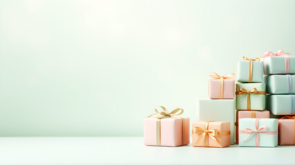 Multiple small gift boxes in pastel colors arranged neatly on the right. The background on the left flows in a gradient from pale green to soft mint
